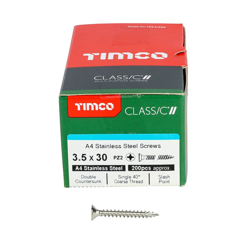 200 x TIMCO Classic Multi-Purpose Countersunk A4 Stainless Steel Woodcrews - 3.5 x 30