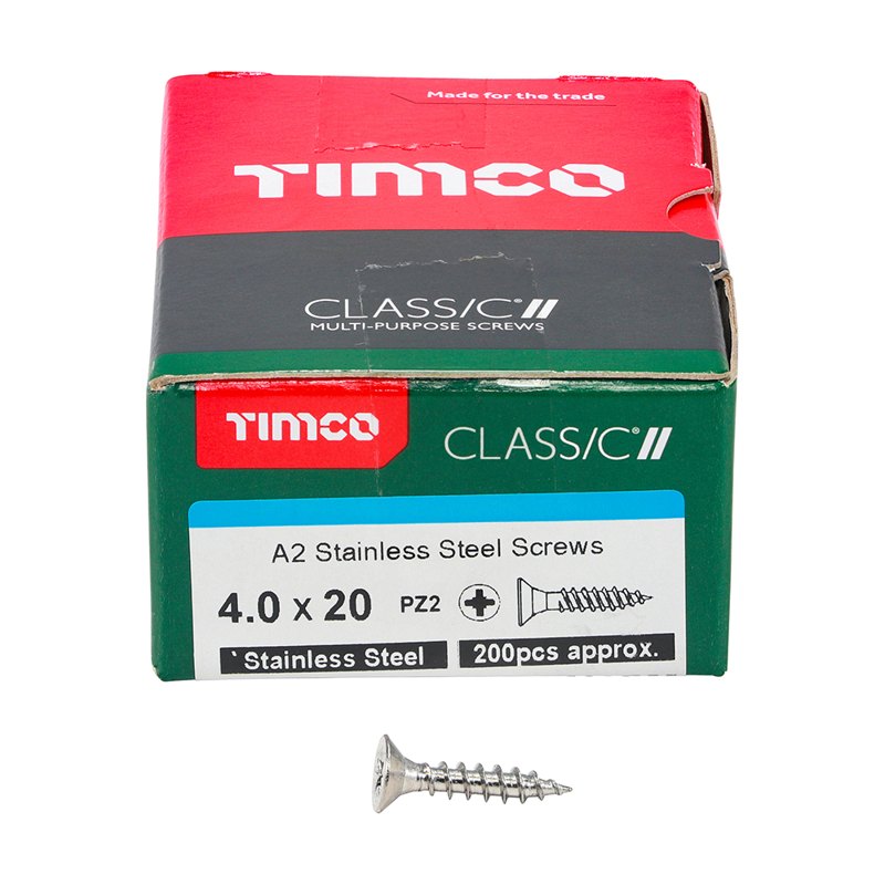 200 x TIMCO Classic Multi-Purpose Countersunk A2 Stainless Steel Woodcrews - 4.0 x 20