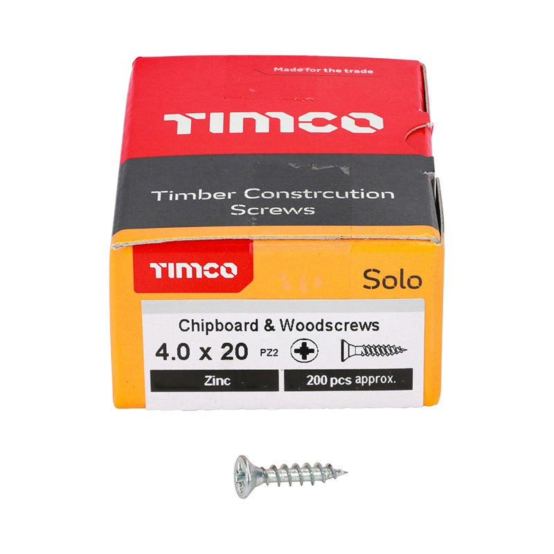 200 x TIMCO Solo Countersunk Silver Woodscrews - 4.0 x 20