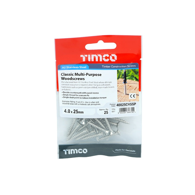 25 x TIMCO Classic Multi-Purpose Countersunk A2 Stainless Steel Woodcrews - 4.0 x 25