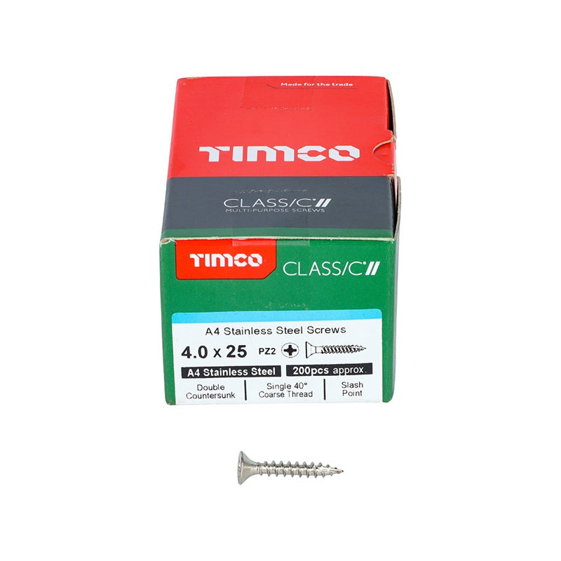 200 x TIMCO Classic Multi-Purpose Countersunk A4 Stainless Steel Woodcrews - 4.0 x 25