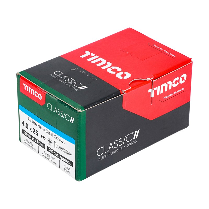 200 x TIMCO Classic Multi-Purpose Countersunk A2 Stainless Steel Woodcrews - 4.0 x 25