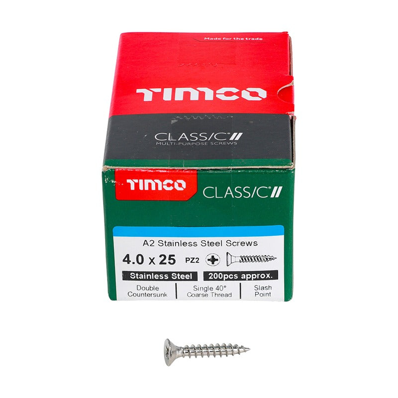 200 x TIMCO Classic Multi-Purpose Countersunk A2 Stainless Steel Woodcrews - 4.0 x 25