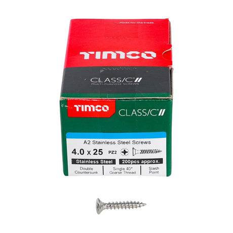 200 x TIMCO Classic Multi-Purpose Countersunk A2 Stainless Steel Woodcrews - 4.0 x 25