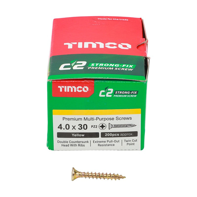 200 x TIMCO C2 Strong-Fix Multi-Purpose Premium Countersunk Gold Woodscrews - 4.0 x 30