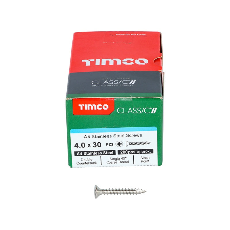 200 x TIMCO Classic Multi-Purpose Countersunk A4 Stainless Steel Woodcrews - 4.0 x 30