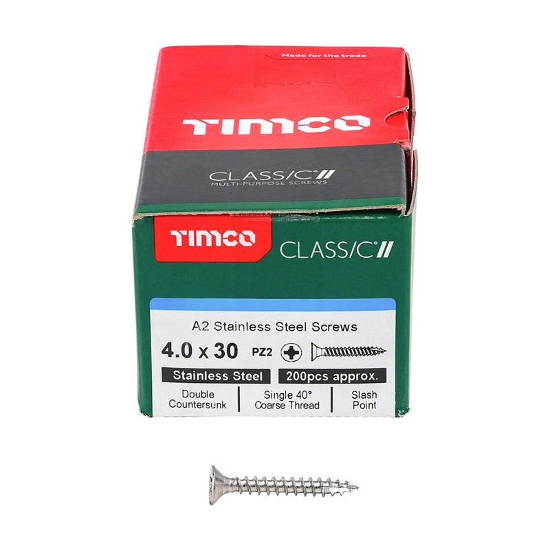 200 x TIMCO Classic Multi-Purpose Countersunk A2 Stainless Steel Woodcrews - 4.0 x 30