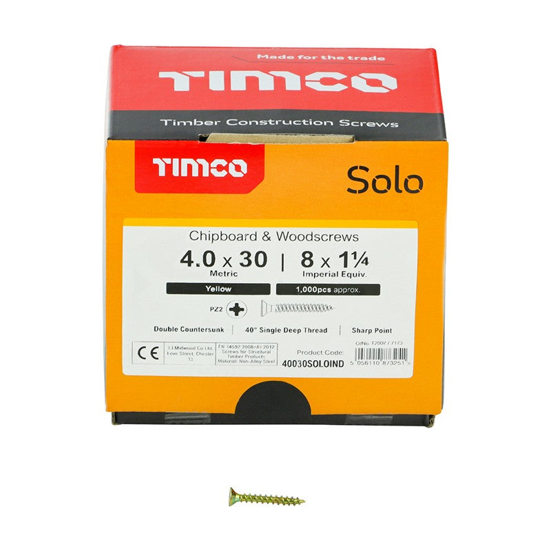 1000 x TIMCO Solo Countersunk Gold Woodscrews - 4.0 x 30