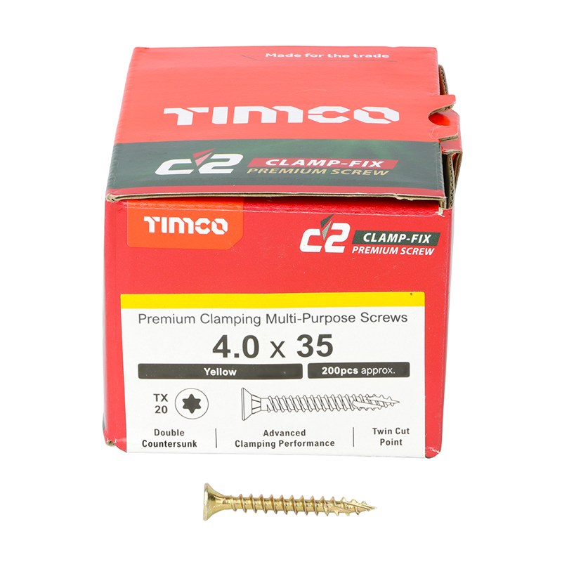 200 x TIMCO C2 Clamp-Fix Multi-Purpose Premium Countersunk Gold Woodscrews - 4.0 x 35