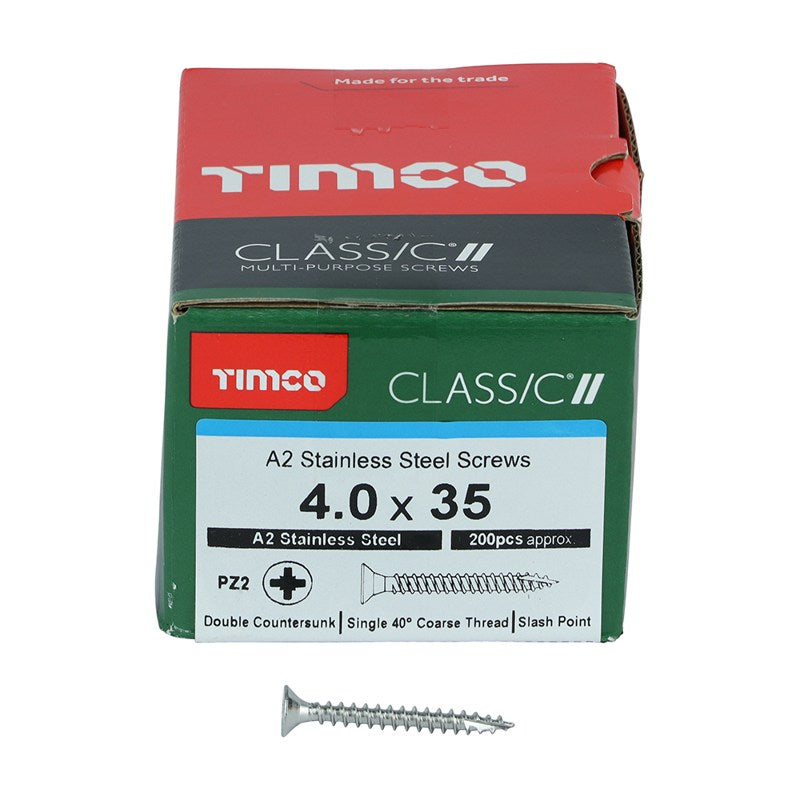 200 x TIMCO Classic Multi-Purpose Countersunk A2 Stainless Steel Woodcrews - 4.0 x 35