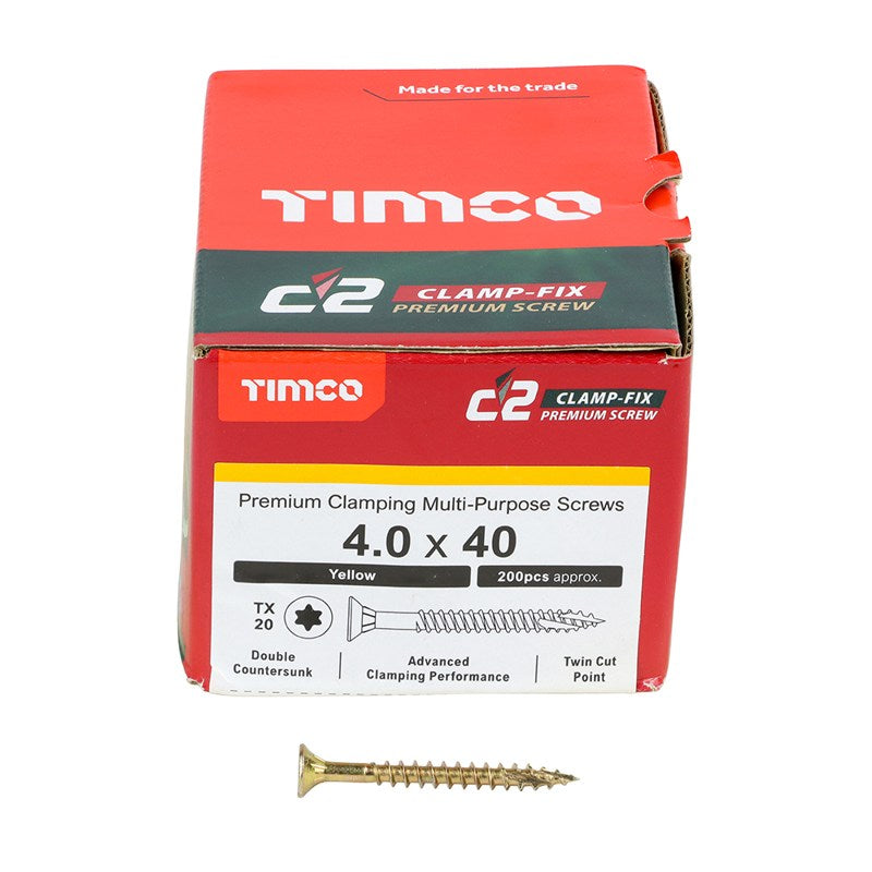 200 x TIMCO C2 Clamp-Fix Multi-Purpose Premium Countersunk Gold Woodscrews - 4.0 x 40