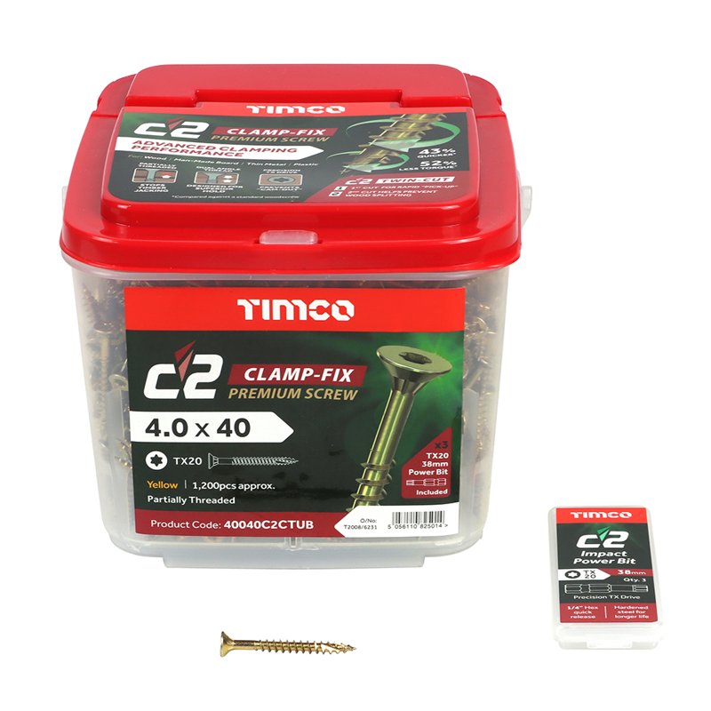 1200 x TIMCO C2 Clamp-Fix Multi-Purpose Premium Countersunk Gold Woodscrews - 4.0 x 40