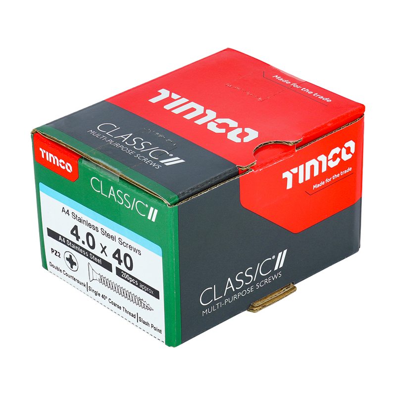 200 x TIMCO Classic Multi-Purpose Countersunk A4 Stainless Steel Woodcrews - 4.0 x 40