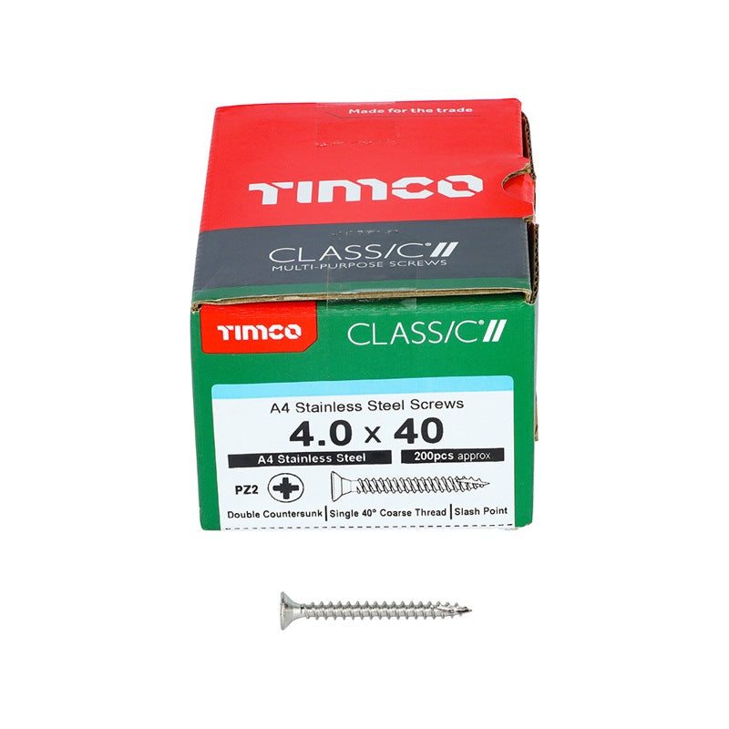 200 x TIMCO Classic Multi-Purpose Countersunk A4 Stainless Steel Woodcrews - 4.0 x 40