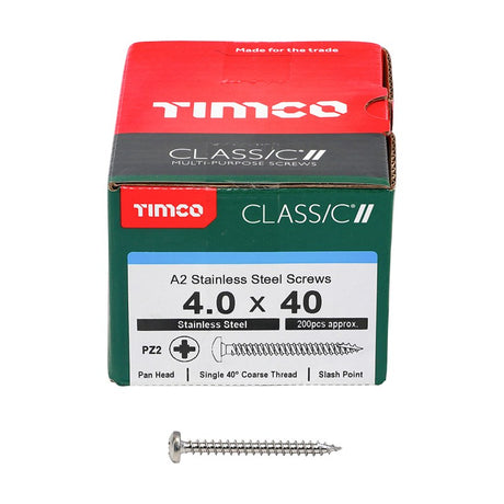 200 x TIMCO Classic Multi-Purpose Pan Head A2 Stainless Steel Woodcrews - 4.0 x 40