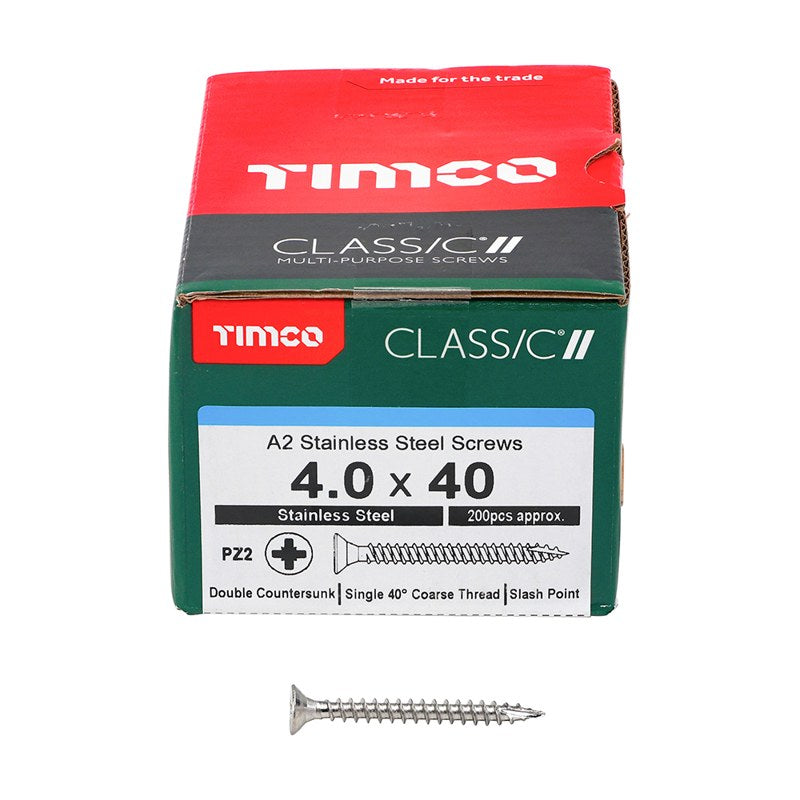 200 x TIMCO Classic Multi-Purpose Countersunk A2 Stainless Steel Woodcrews - 4.0 x 40