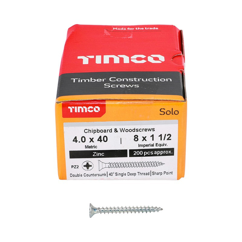 200 x TIMCO Solo Countersunk Silver Woodscrews - 4.0 x 40