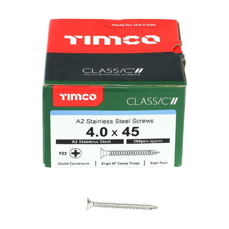 200 x TIMCO Classic Multi-Purpose Countersunk A2 Stainless Steel Woodcrews - 4.0 x 45