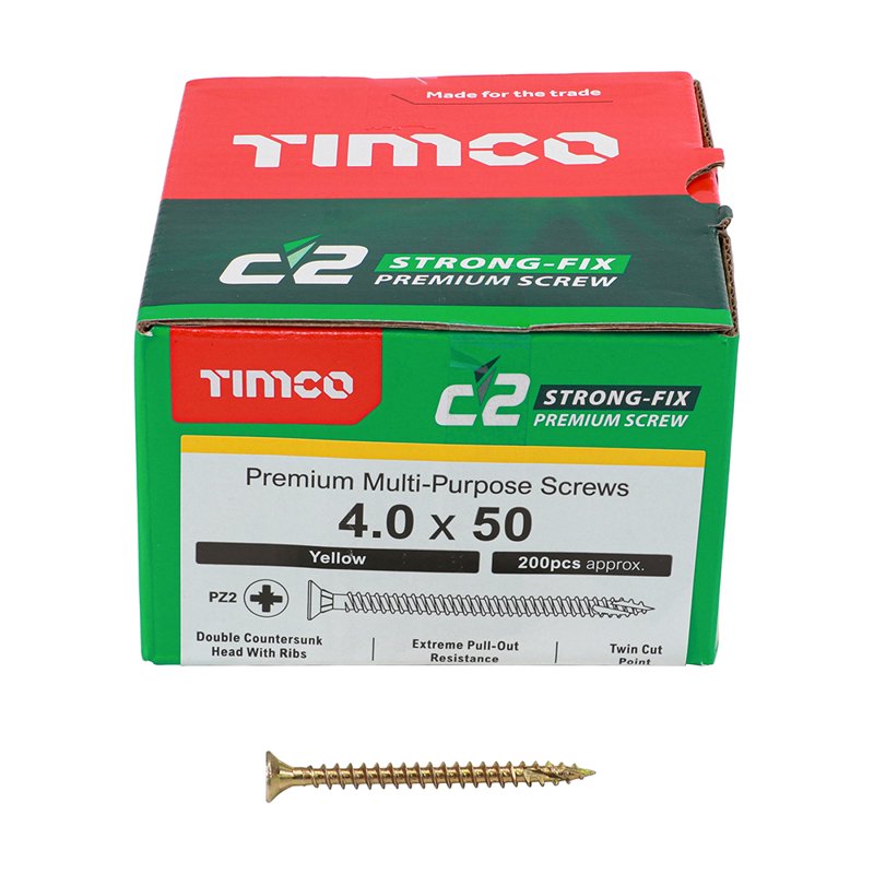 200 x TIMCO C2 Strong-Fix Multi-Purpose Premium Countersunk Gold Woodscrews - 4.0 x 50