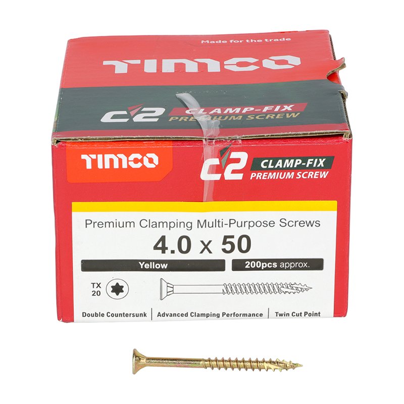 200 x TIMCO C2 Clamp-Fix Multi-Purpose Premium Countersunk Gold Woodscrews - 4.0 x 50