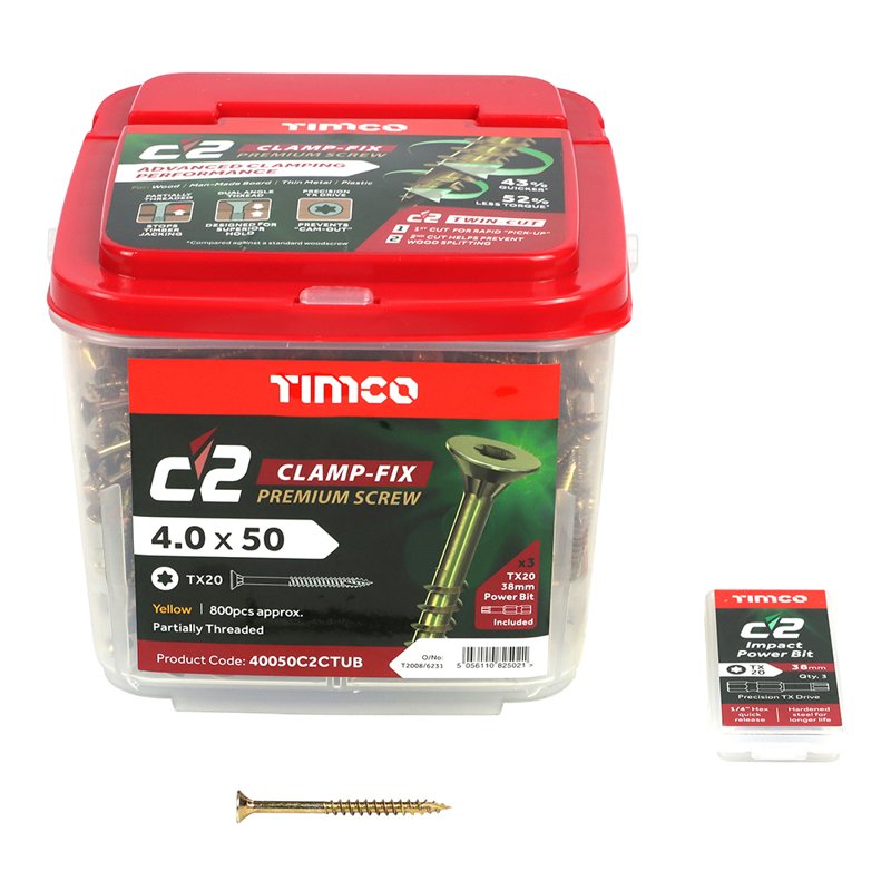 800 x TIMCO C2 Clamp-Fix Multi-Purpose Premium Countersunk Gold Woodscrews - 4.0 x 50