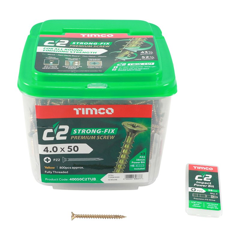 800 x TIMCO C2 Strong-Fix Multi-Purpose Premium Countersunk Gold Woodscrews - 4.0 x 50