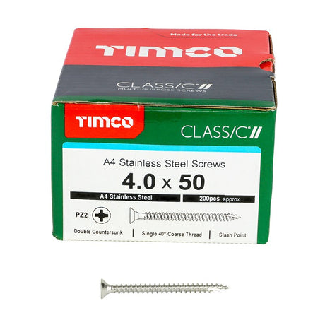 200 x TIMCO Classic Multi-Purpose Countersunk A4 Stainless Steel Woodcrews - 4.0 x 50