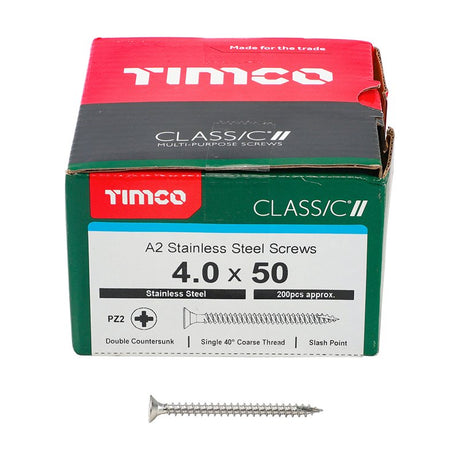 200 x TIMCO Classic Multi-Purpose Countersunk A2 Stainless Steel Woodcrews - 4.0 x 50