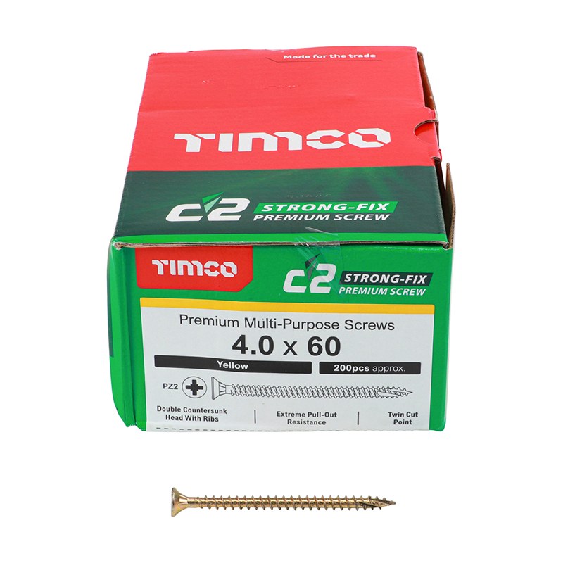 200 x TIMCO C2 Strong-Fix Multi-Purpose Premium Countersunk Gold Woodscrews - 4.0 x 60