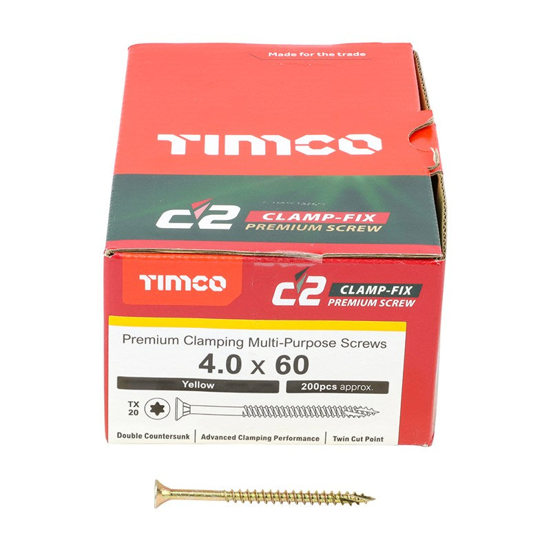 200 x TIMCO C2 Clamp-Fix Multi-Purpose Premium Countersunk Gold Woodscrews - 4.0 x 60