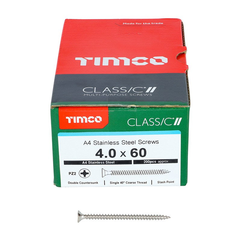 200 x TIMCO Classic Multi-Purpose Countersunk A4 Stainless Steel Woodcrews - 4.0 x 60