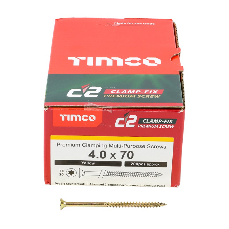 200 x TIMCO C2 Clamp-Fix Multi-Purpose Premium Countersunk Gold Woodscrews - 4.0 x 70