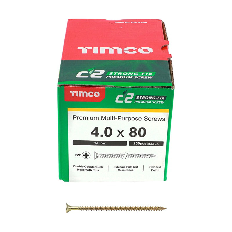 200 x TIMCO C2 Strong-Fix Multi-Purpose Premium Countersunk Gold Woodscrews - 4.0 x 80