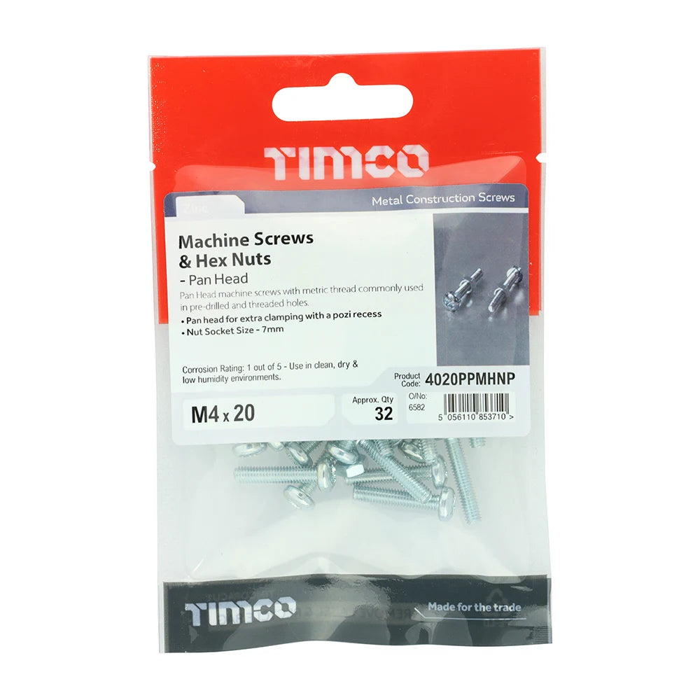 32 x TIMCO Machine Pan Head Screws & Hex Nut Silver - M4 x 20