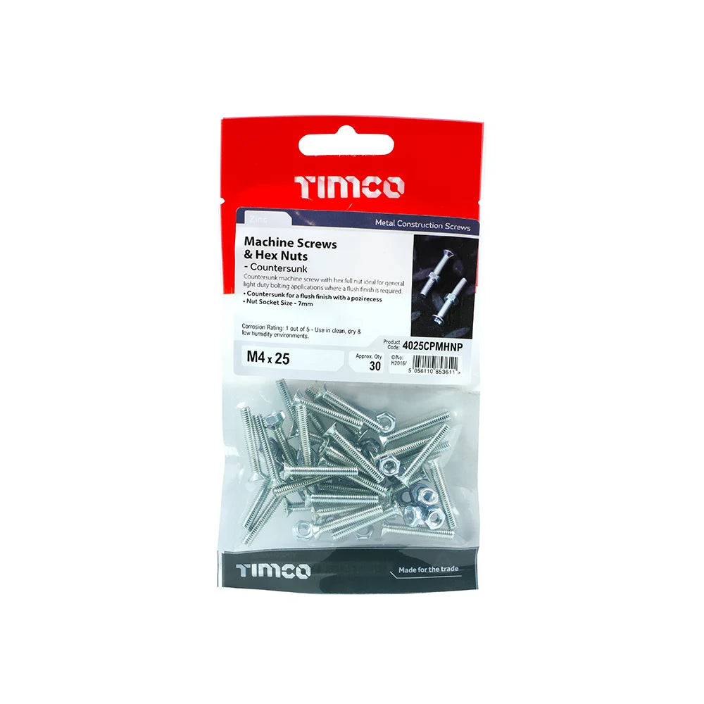 30 x TIMCO Machine Countersunk Screws & Hex Nut Silver - M4 x 25