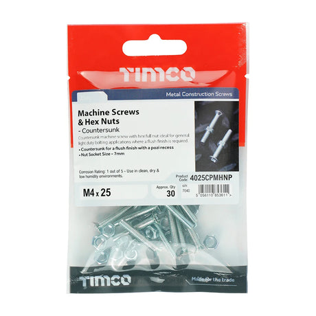 30 x TIMCO Machine Countersunk Screws & Hex Nut Silver - M4 x 25