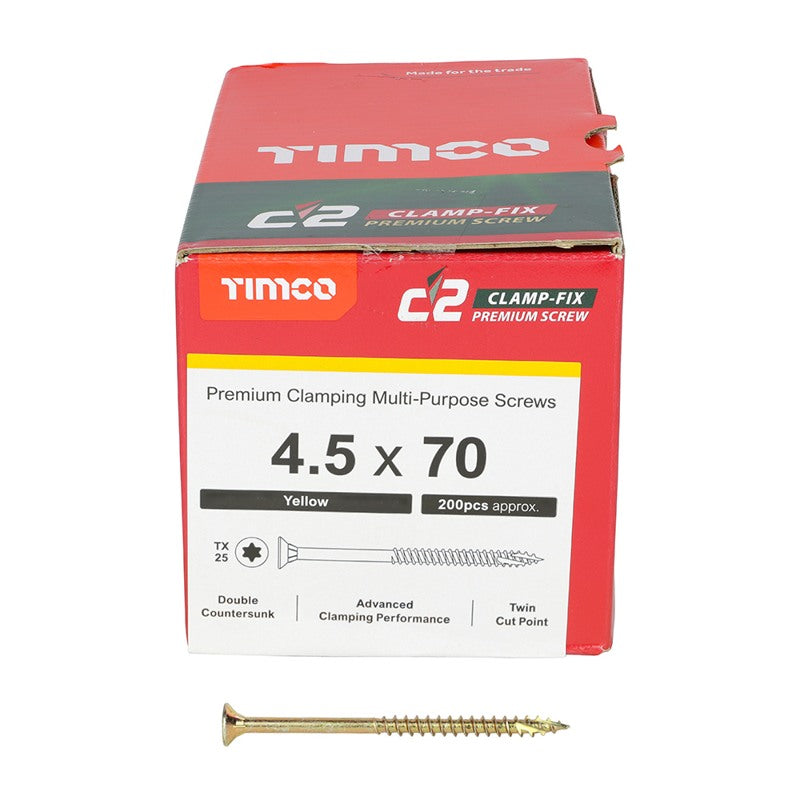 200 x TIMCO C2 Clamp-Fix Multi-Purpose Premium Countersunk Gold Woodscrews - 4.5 x 70