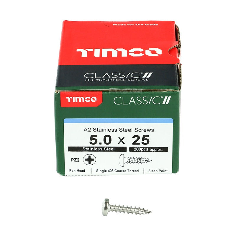 200 x TIMCO Classic Multi-Purpose Pan Head A2 Stainless Steel Woodcrews - 5.0 x 25