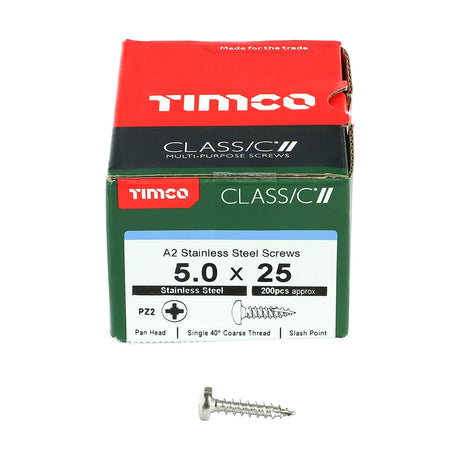 200 x TIMCO Classic Multi-Purpose Pan Head A2 Stainless Steel Woodcrews - 5.0 x 25