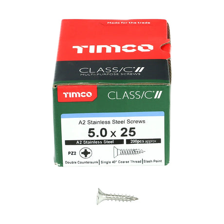 200 x TIMCO Classic Multi-Purpose Countersunk A2 Stainless Steel Woodcrews - 5.0 x 25