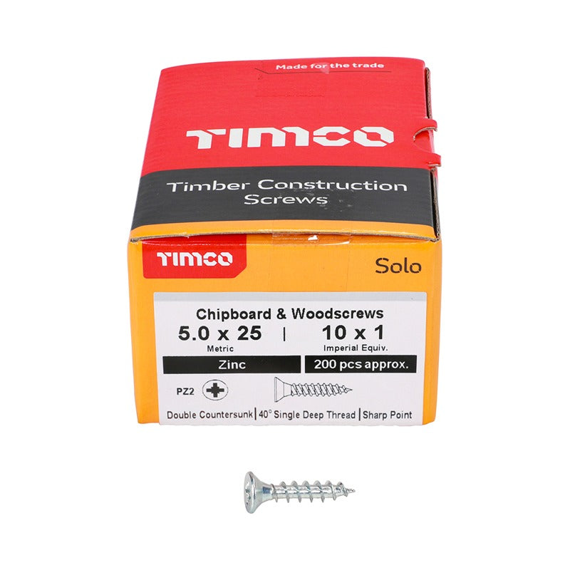 200 x TIMCO Solo Countersunk Silver Woodscrews - 5.0 x 25