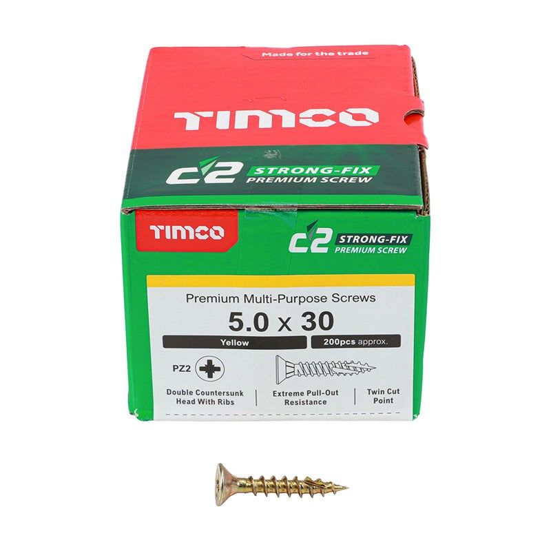 200 x TIMCO C2 Strong-Fix Multi-Purpose Premium Countersunk Gold Woodscrews - 5.0 x 30