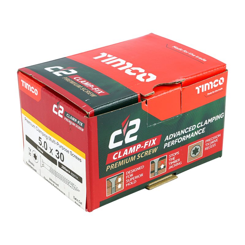 200 x TIMCO C2 Clamp-Fix Multi-Purpose Premium Countersunk Gold Woodscrews - 5.0 x 30