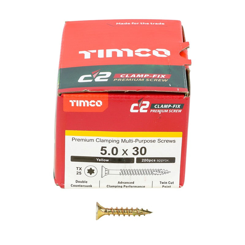 200 x TIMCO C2 Clamp-Fix Multi-Purpose Premium Countersunk Gold Woodscrews - 5.0 x 30