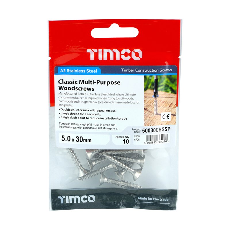 10 x TIMCO Classic Multi-Purpose Countersunk A2 Stainless Steel Woodcrews - 5.0 x 30