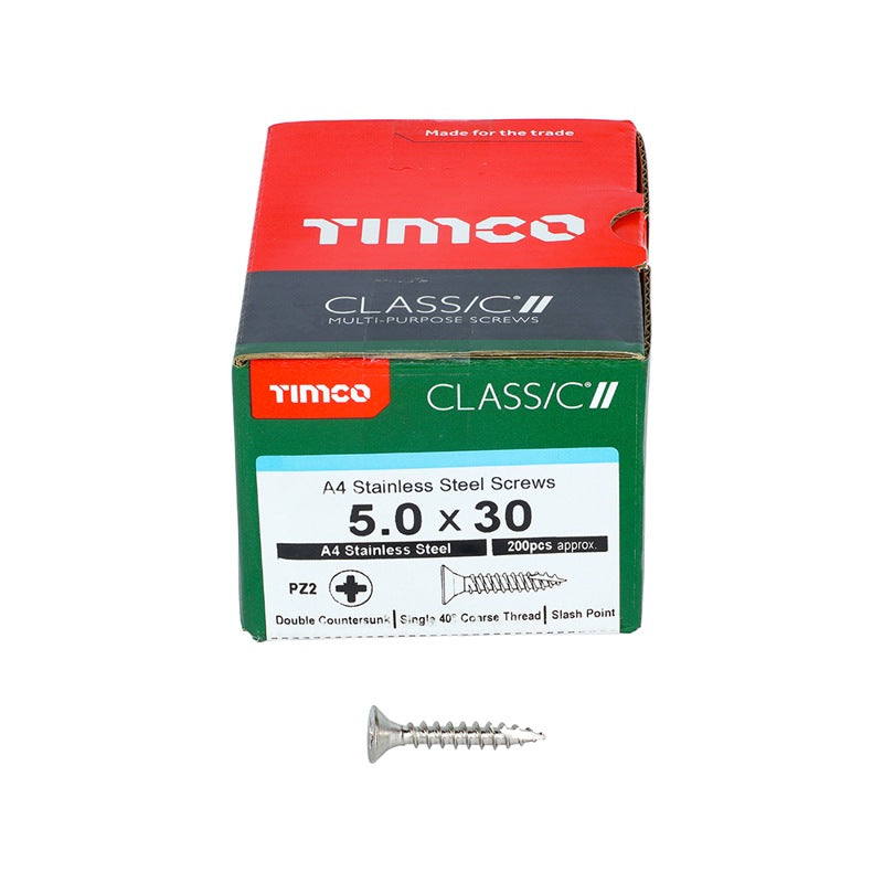 200 x TIMCO Classic Multi-Purpose Countersunk A4 Stainless Steel Woodcrews - 5.0 x 30