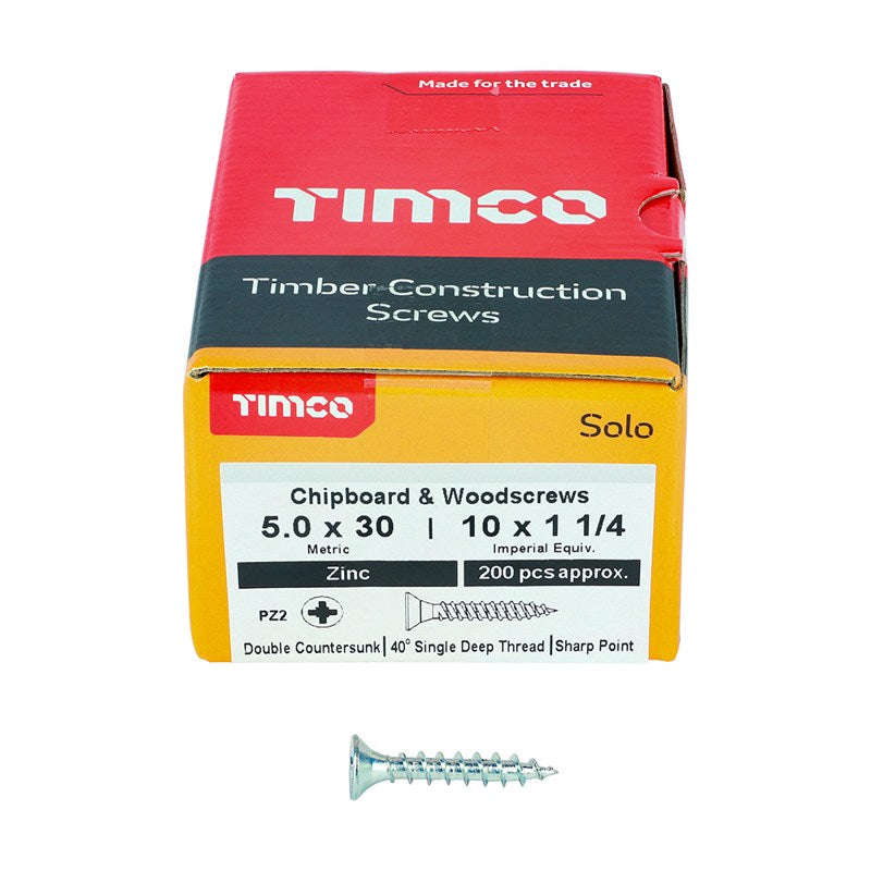 200 x TIMCO Solo Countersunk Silver Woodscrews - 5.0 x 30