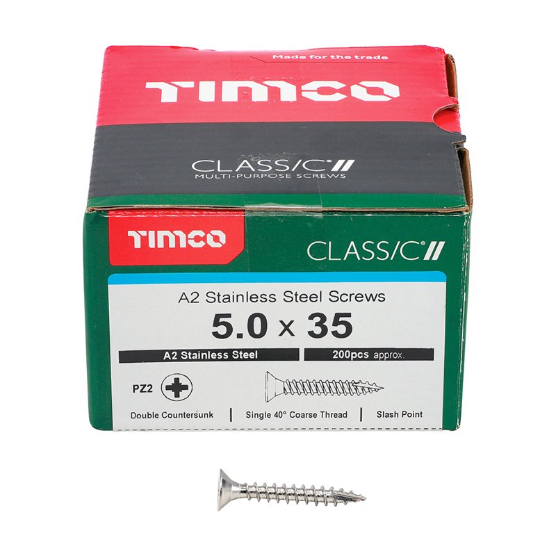 200 x TIMCO Classic Multi-Purpose Countersunk A2 Stainless Steel Woodcrews - 5.0 x 35