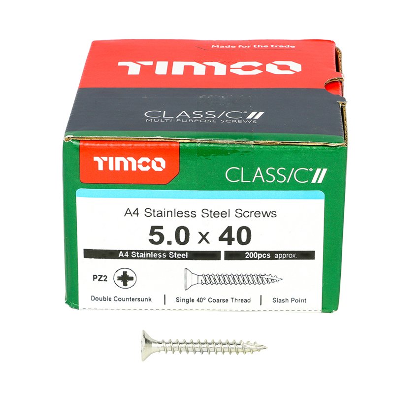 200 x TIMCO Classic Multi-Purpose Countersunk A4 Stainless Steel Woodcrews - 5.0 x 40