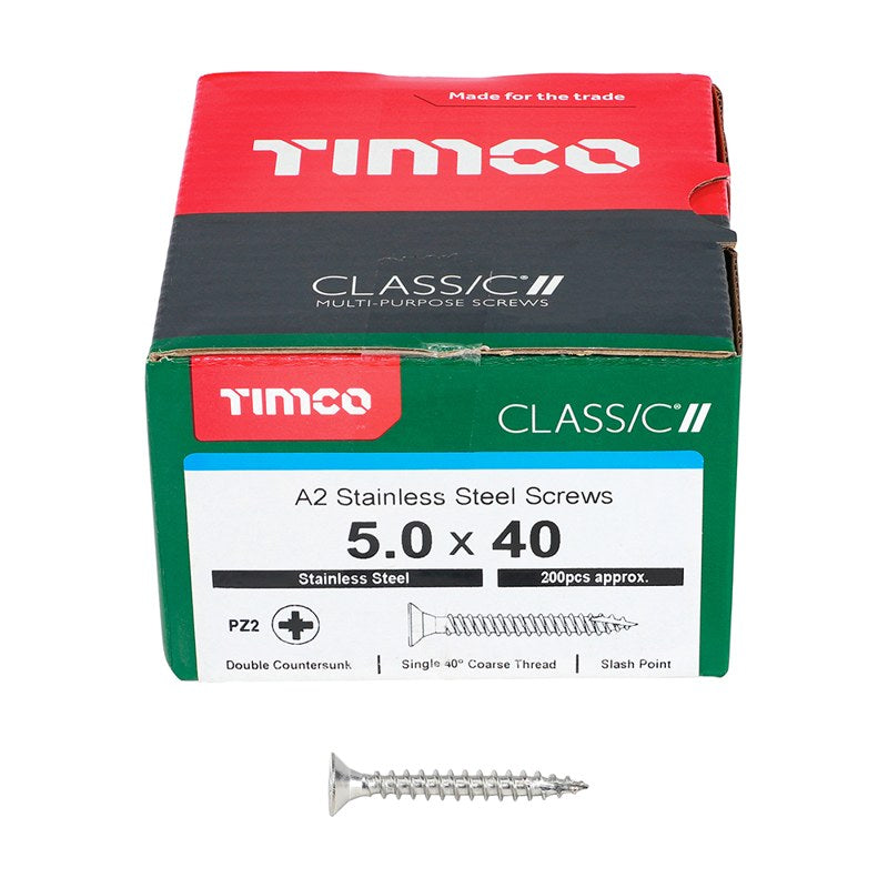 200 x TIMCO Classic Multi-Purpose Countersunk A2 Stainless Steel Woodcrews - 5.0 x 40